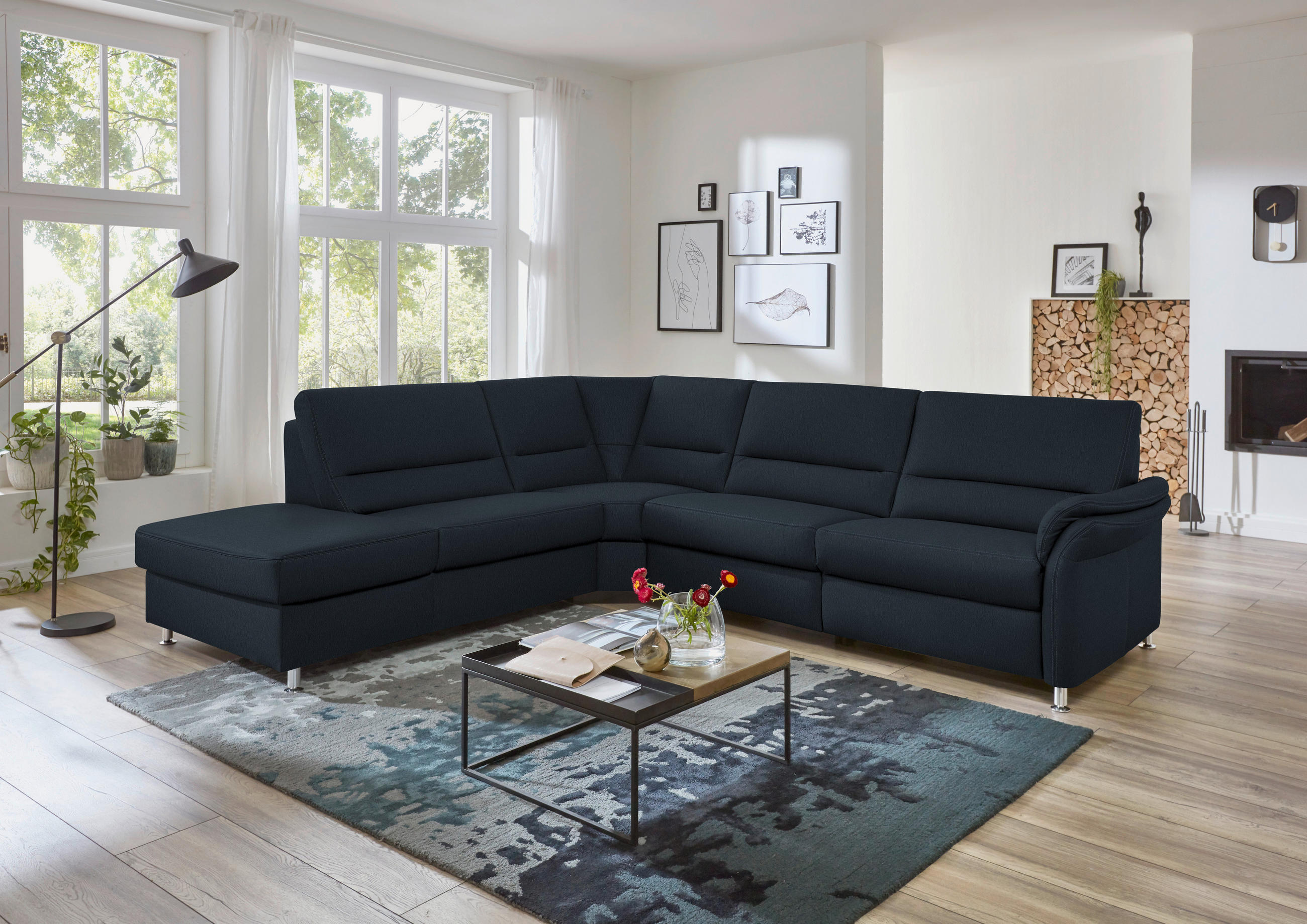 ECKSOFA in Echtleder Dunkelblau  - Beige/Alufarben, Design, Leder/Metall (249/288cm) - Beldomo Premium