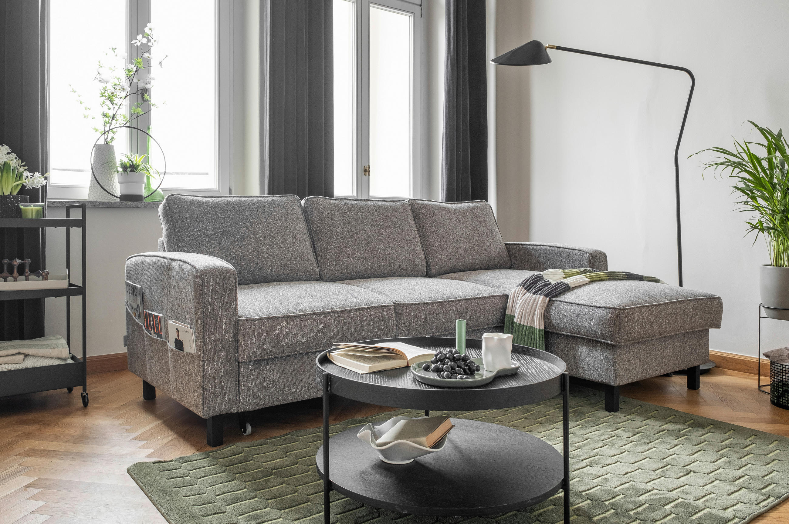 ECKSOFA in Struktur Grau  - Schwarz/Grau, Holz/Textil (228/148cm) - MID.YOU