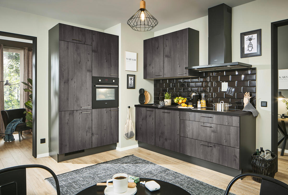ECKKÜCHE 120/220 cm  in Graphitfarben, Schwarz, Eiche dunkel  - Eiche dunkel/Chromfarben, Design, Holzwerkstoff/Metall (120/220cm) - Xora