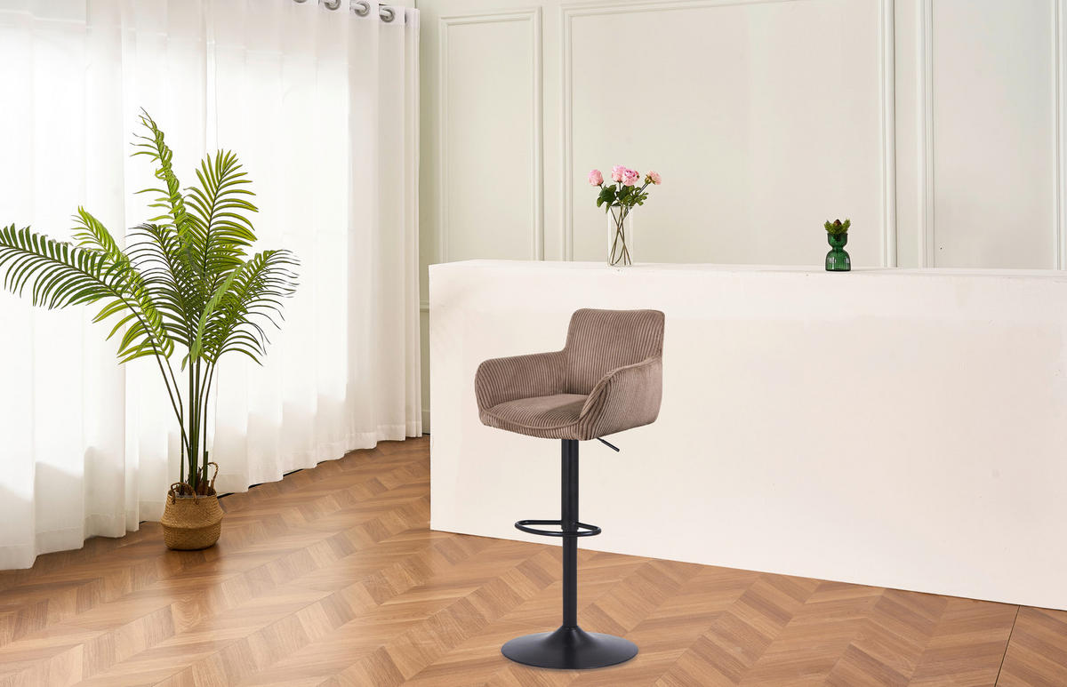 BARHOCKER Cord Schwarz, Hellbraun Eisen Sitzfläche 360° drehbar, inklusive Armlehnen  - Hellbraun/Schwarz, MODERN, Textil/Metall (55/91.5-113/52cm) - Livetastic