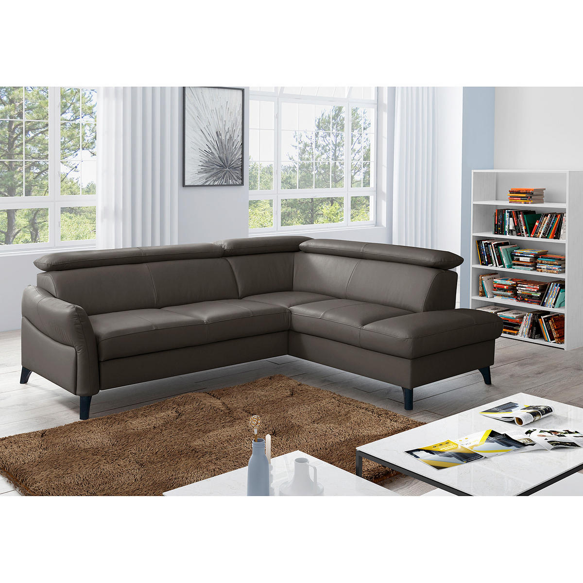 ECKSOFA  in Lederlook Echtleder Dunkelbraun  244/199 cm  - Dunkelbraun/Schwarz, Design, Leder/Holz (244/199cm) - Livetastic