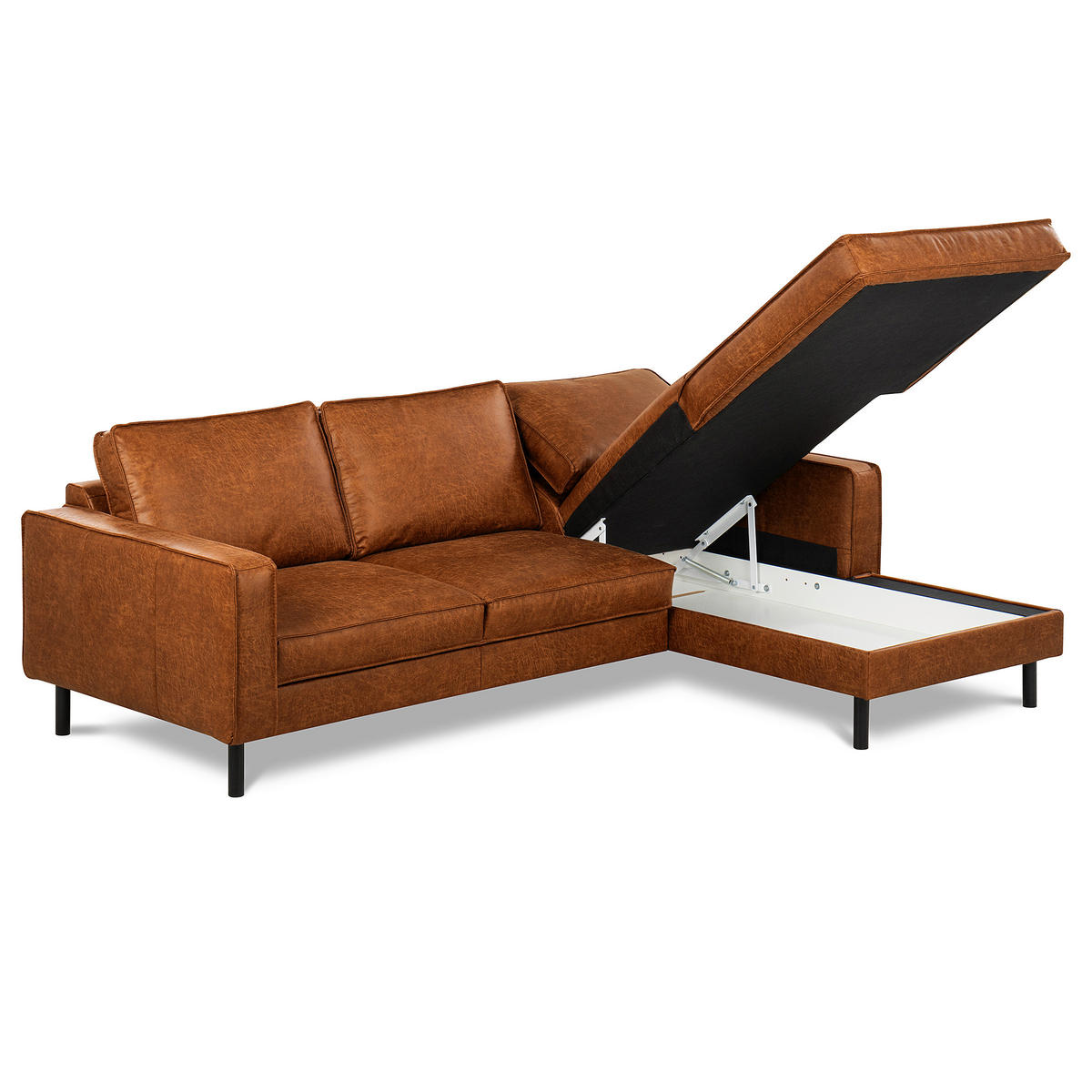 ECKSOFA Cognac Echtleder Lederlook Bettkasten, Schlaffunktion, Rücken echt  - Cognac/Schwarz, Design, Leder/Textil (166/238cm) - Livetastic
