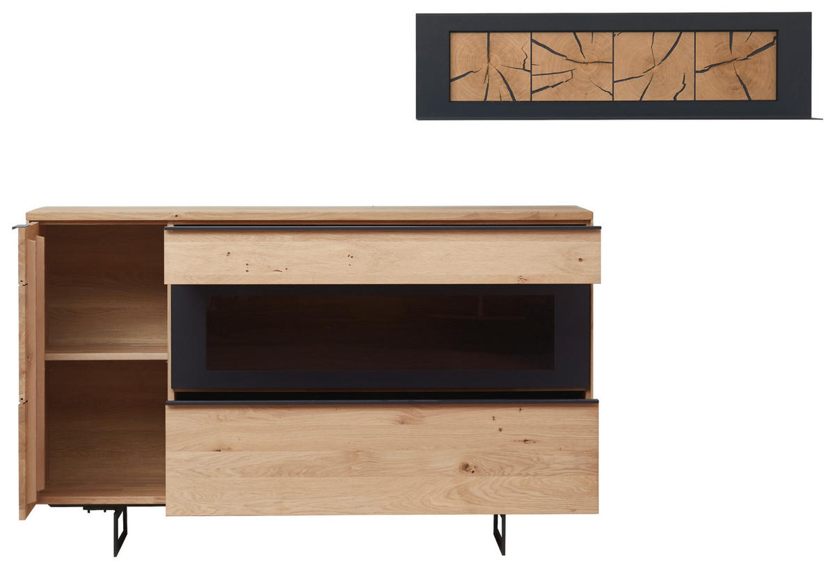SIDEBOARD Schwarz, Eichefarben  161,9/99,9/45,2 cm  - Eichefarben/Schwarz, Design, Glas/Holz (161,9/99,9/45,2cm) - Valdera