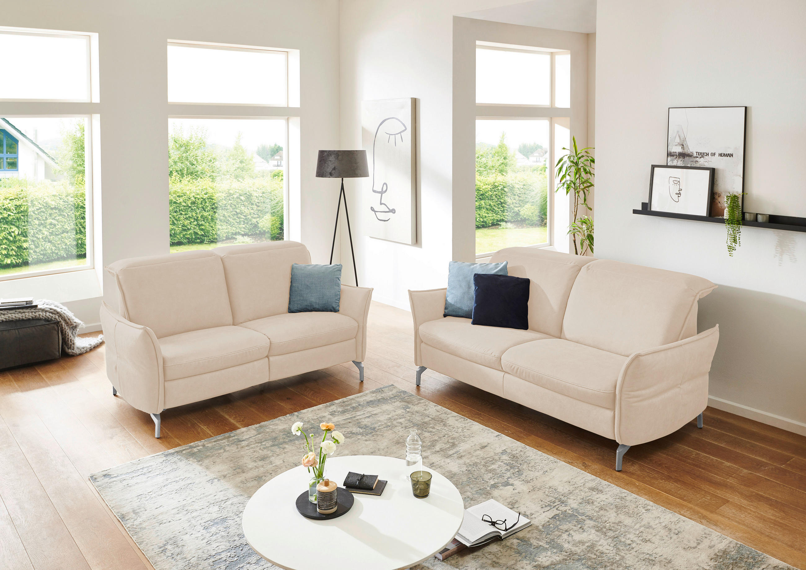 2,5-SITZER in Lederlook (vegan) Sandfarben - Sandfarben/Nickelfarben, Modern, Textil/Metall (185/89/109cm) - Livetastic