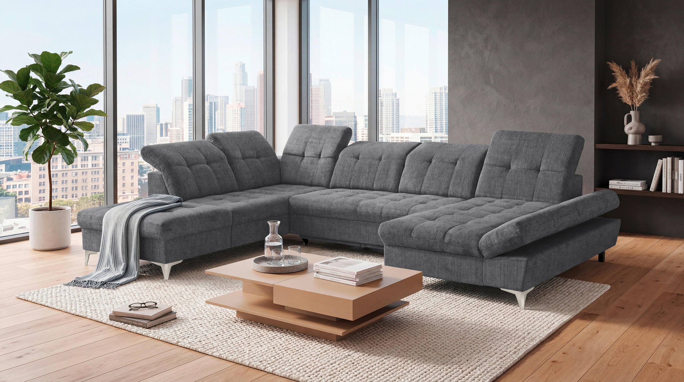 WOHNLANDSCHAFT Mikrovelours Anthrazit  - Kaschmir/Anthrazit, Modern, Kunststoff/Textil (245/348/168cm) - MID.YOU
