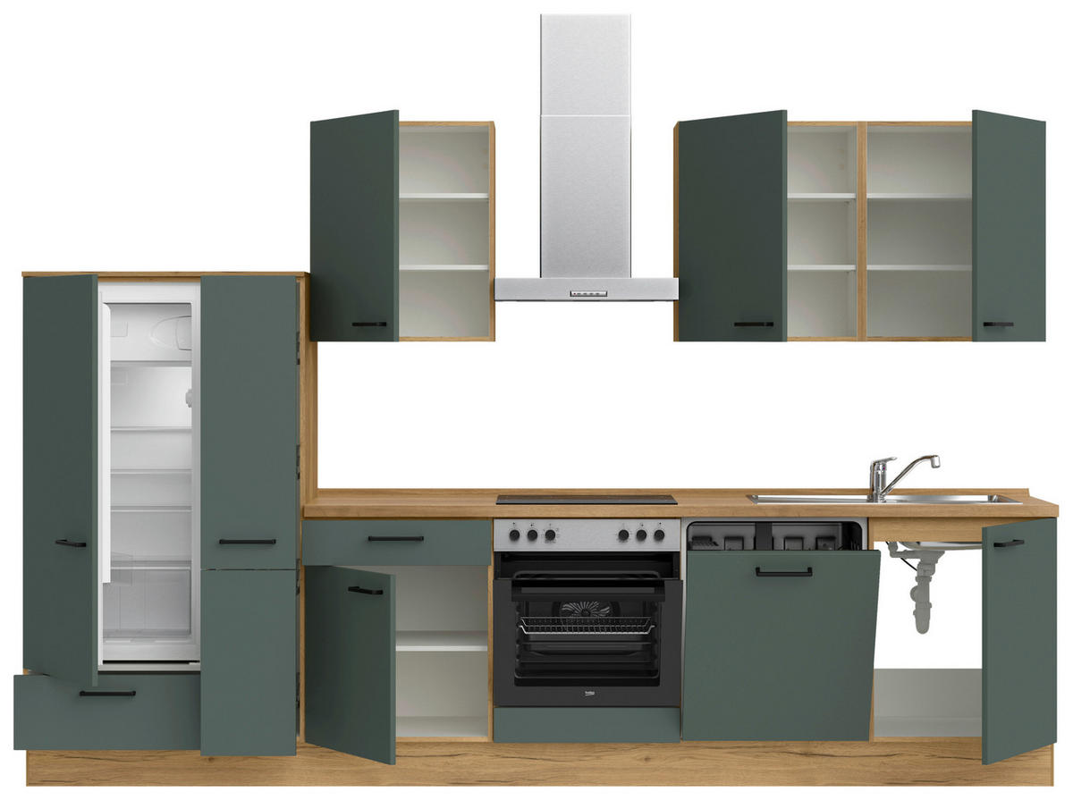 KÜCHENBLOCK Easytouch 330 cm  in Eichefarben, Dunkelgrün  - Dunkelgrün/Eichefarben, MODERN, Holzwerkstoff/Metall (330cm) - Nobilia
