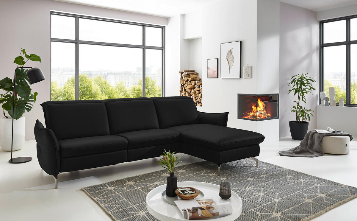 ECKSOFA Lederlook (vegan) Schwarz  - Schwarz/Nickelfarben, Modern, Textil/Metall (233/179cm) - Livetastic