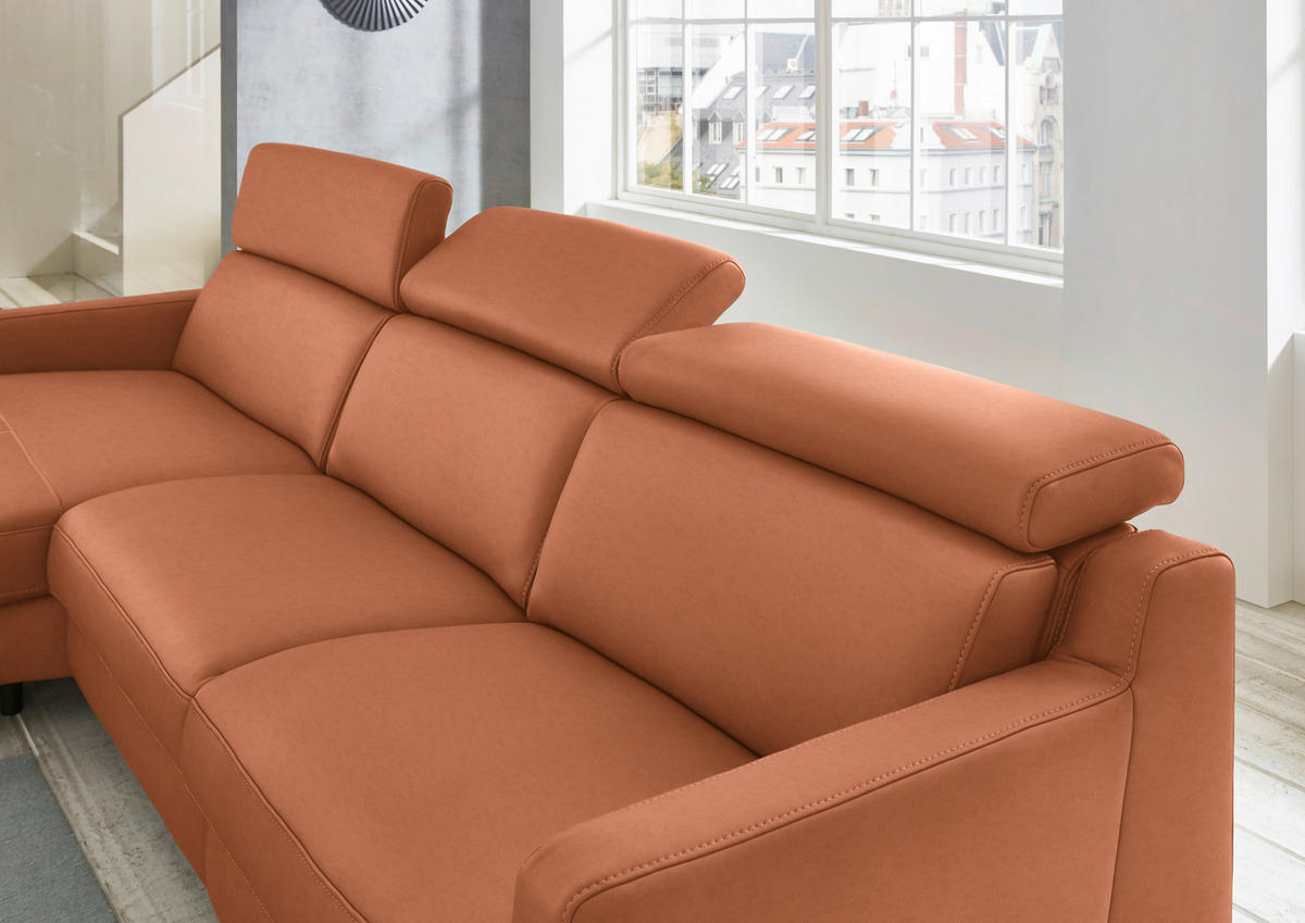 ECKSOFA in Echtleder Cognac  - Cognac/Schwarz, Design, Leder/Metall (176/291cm) - Valdera