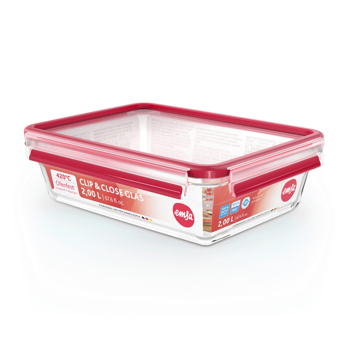 FRISCHHALTEDOSE CLIP & CLOSE GLAS 2,0 L  - Rot, Basics, Glas/Kunststoff (26,7/19,7/8cm) - Emsa