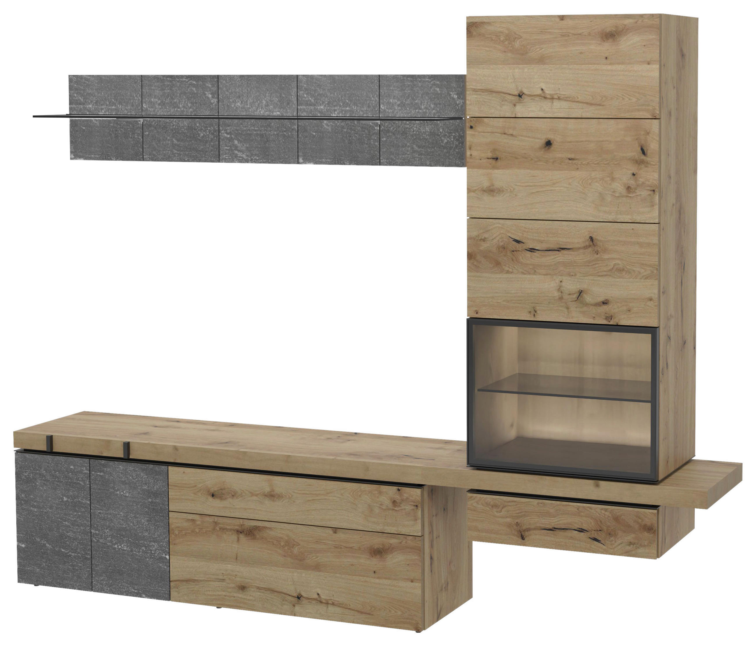 WOHNWAND  in Graphitfarben, Eichefarben  256/203/43 cm  - Eichefarben/Graphitfarben, Design, Glas/Holz (256/203/43cm) - Voglauer