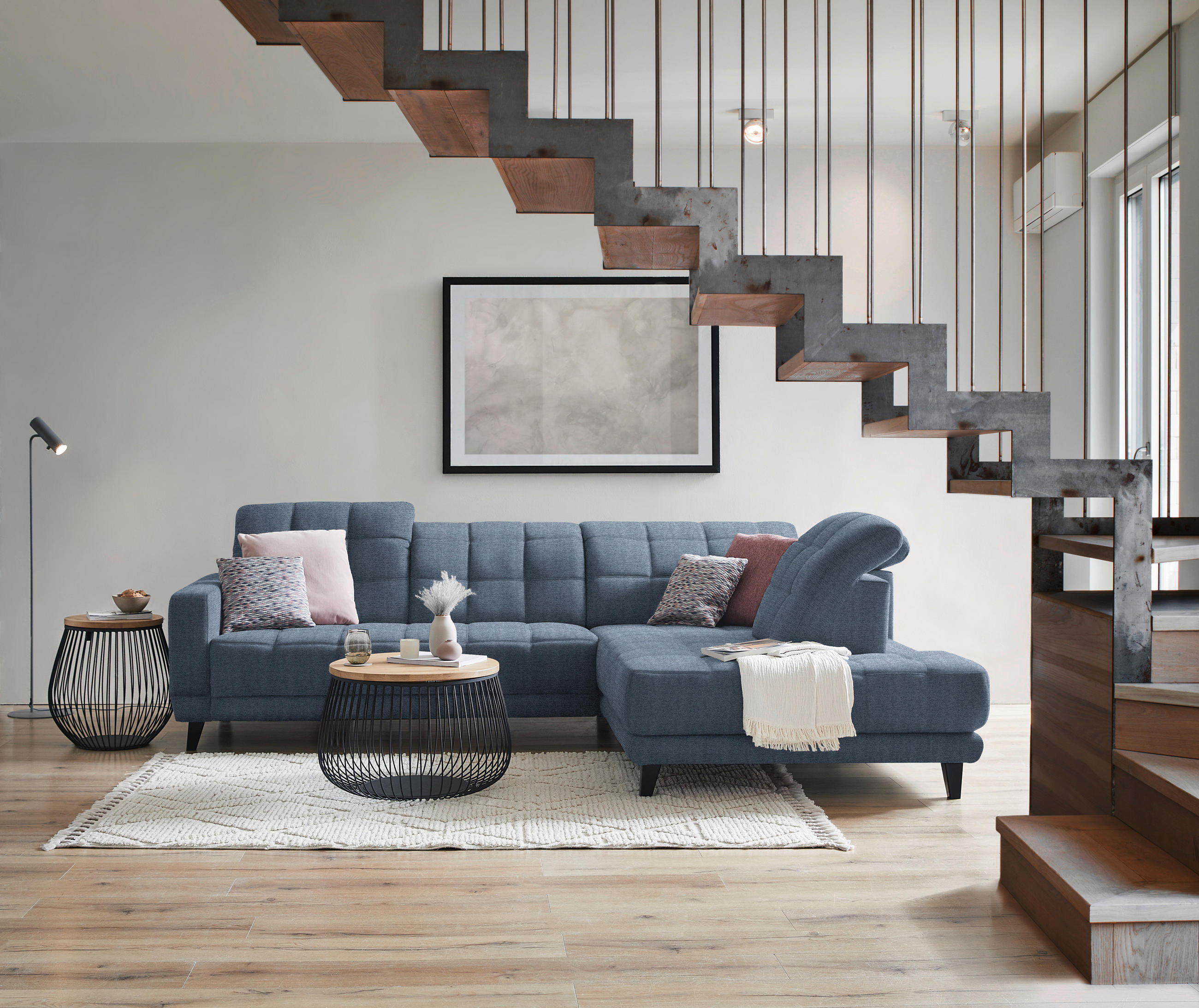 ECKSOFA in Webstoff Blau  - Blau/Schwarz, Design, Holz/Textil (302/216cm) - Xora
