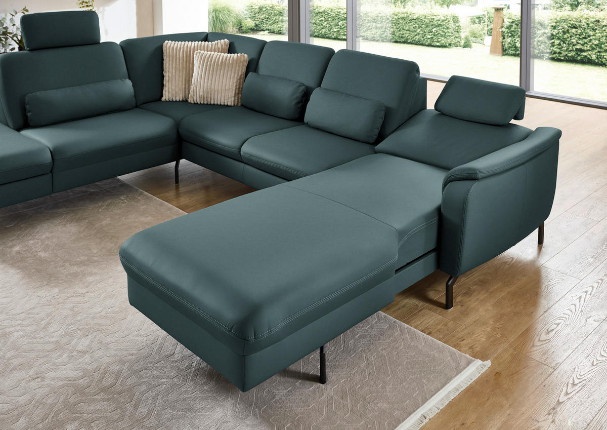 WOHNLANDSCHAFT Echtleder Graublau  - Graublau/Schwarz, Konventionell, Leder/Metall (224/306/168cm) - Beldomo Premium