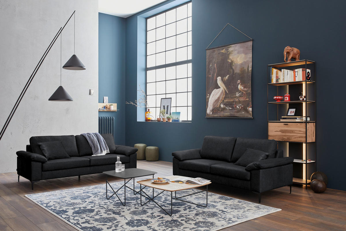 3-SITZER-SOFA  in Echtleder Schwarz   - Schwarz, Design, Leder/Metall (224/86/97cm) - Schöner Wohnen