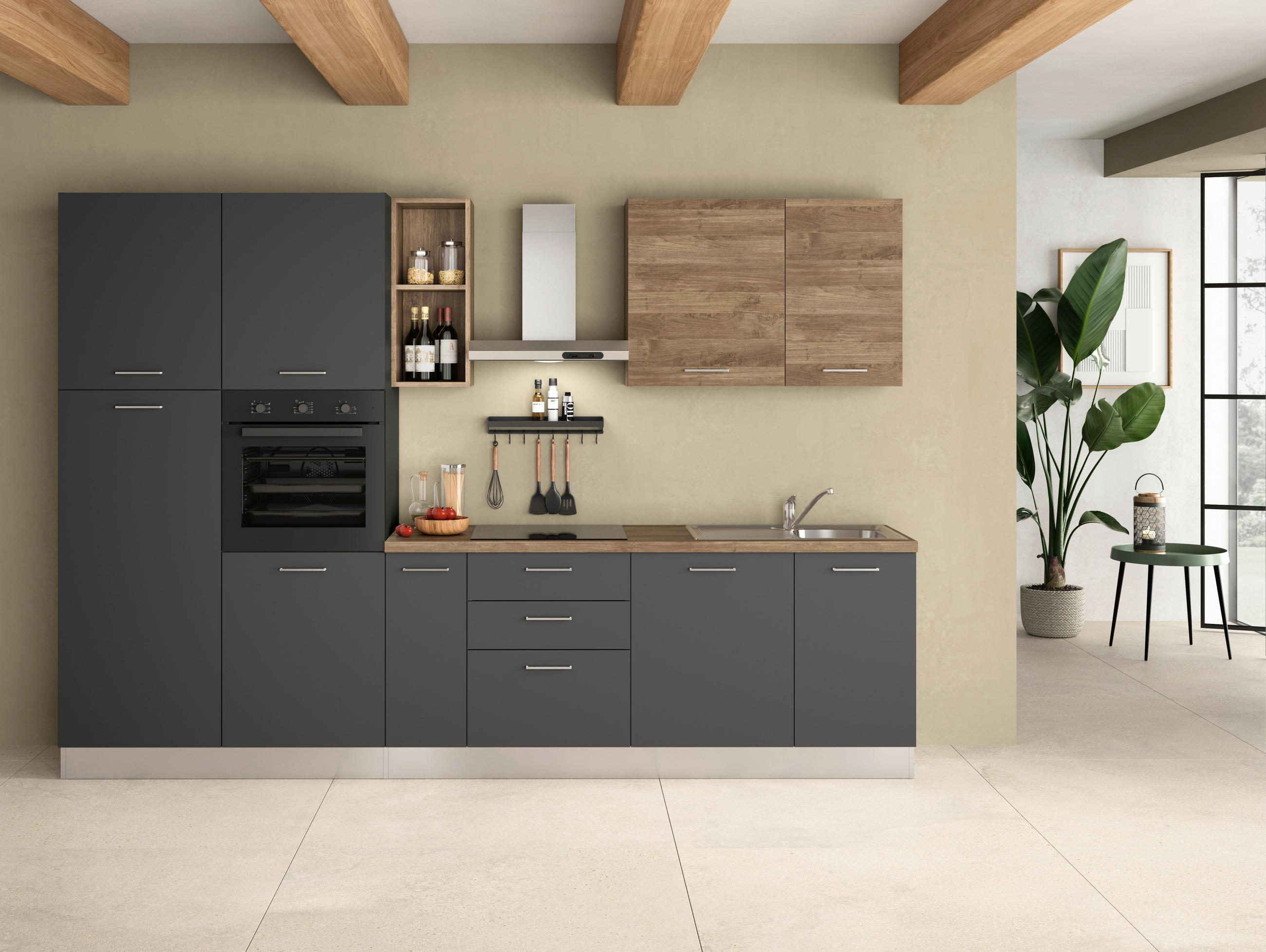 KÜCHENBLOCK 315 cm   in Grau, Walnussfarben  - Walnussfarben/Alufarben, LIFESTYLE, Holzwerkstoff/Kunststoff (315cm) - MID.YOU