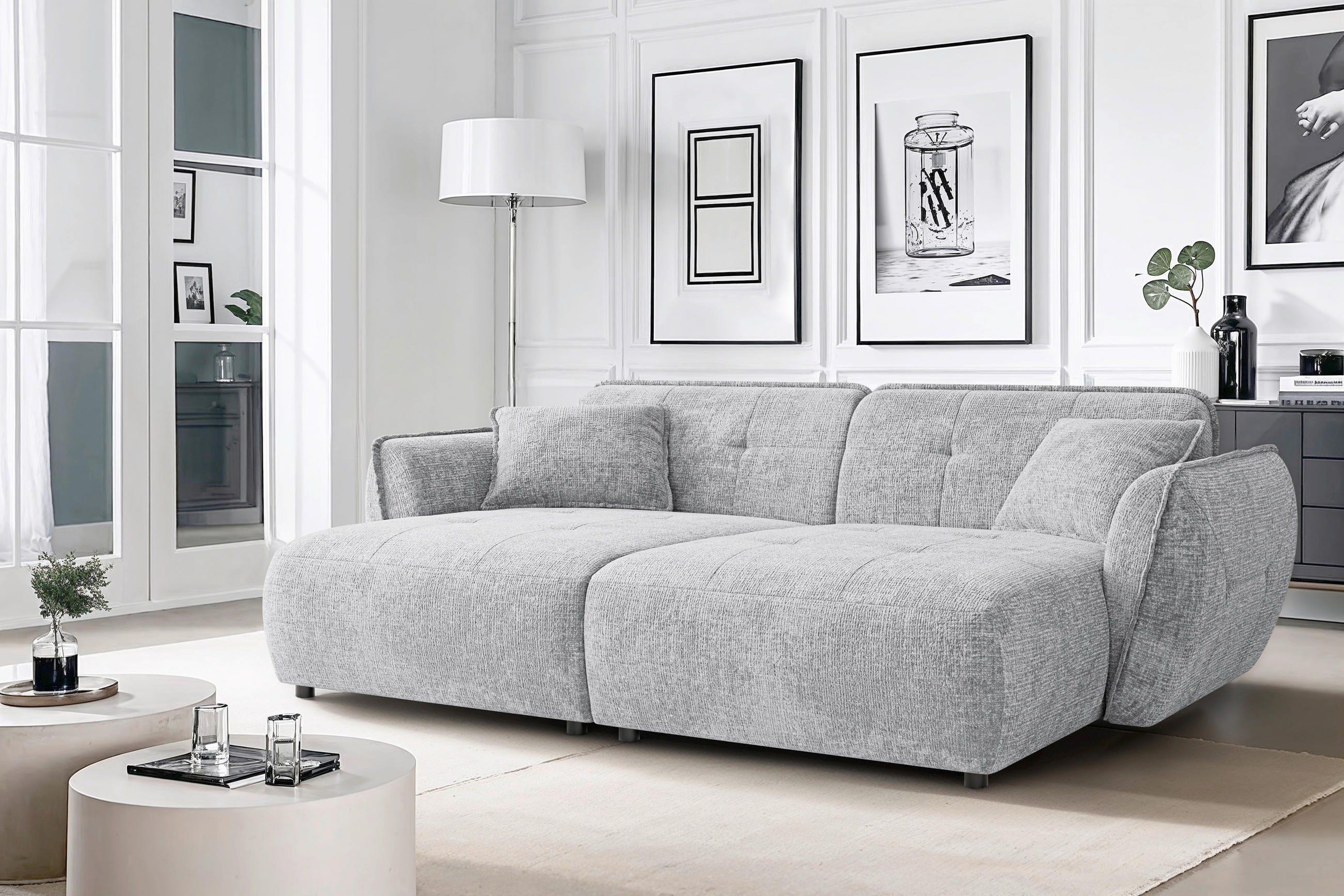BIGSOFA NELIA Chenille Hellgrau  - Hellgrau/Schwarz, Design, Kunststoff/Textil (252/81/155cm) - P & B