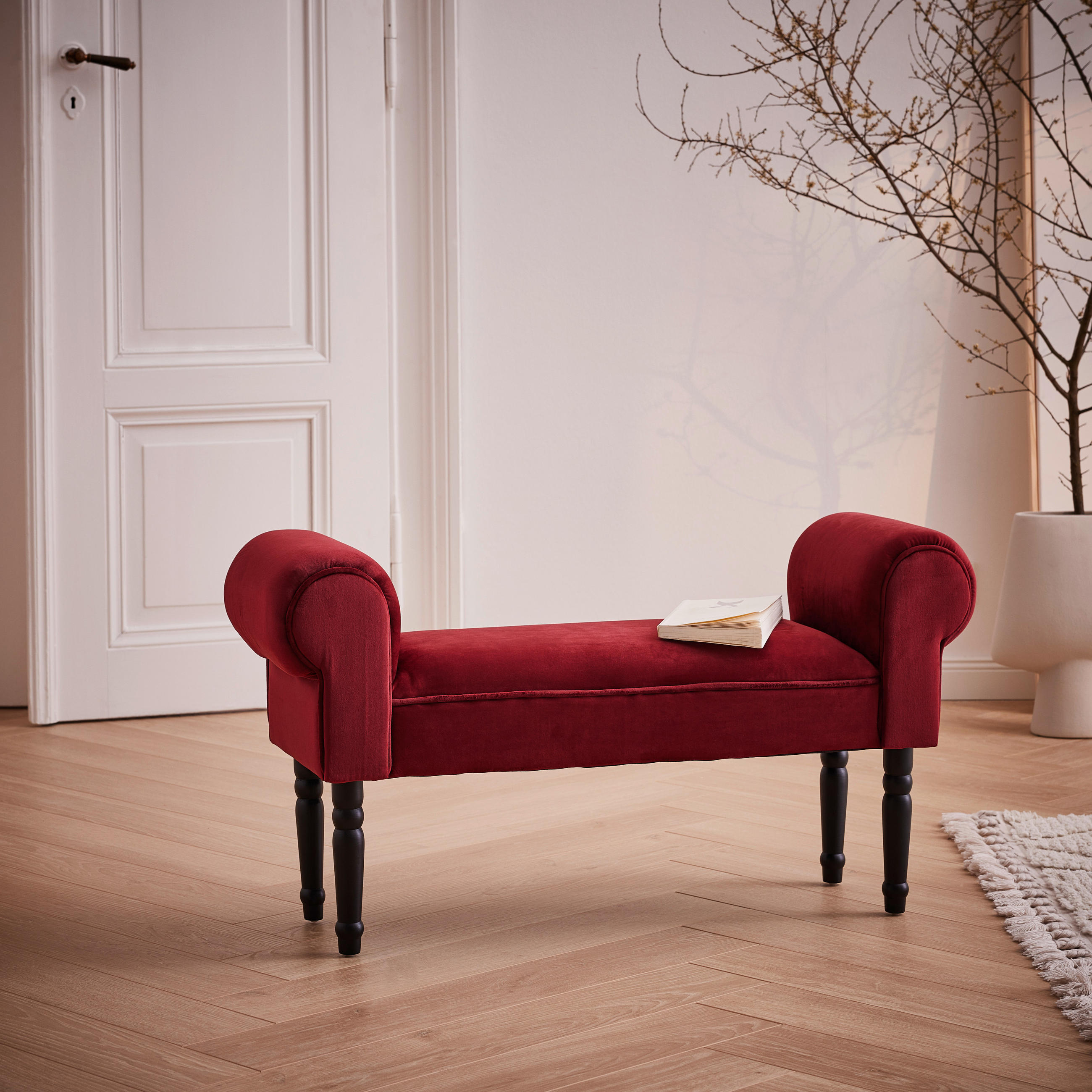 HOCKER Samt Kiefer Schwarz, Weinrot - Weinrot/Schwarz, Trend, Holz/Textil (100/54/30cm) - Xora