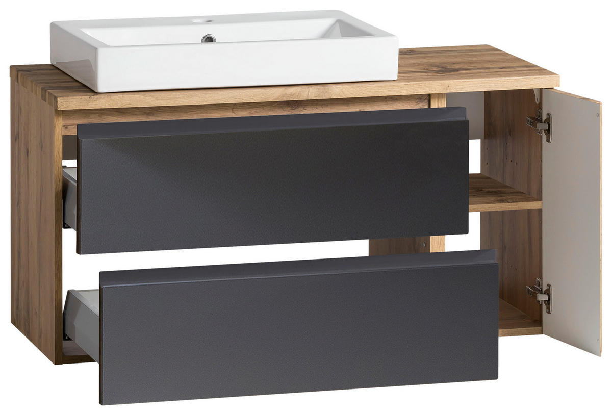 SKRINKA S UMÝVADLOM, 105 cm - sivá/dub wotan, Modern, kompozitné drevo/keramika (105cm) - Held