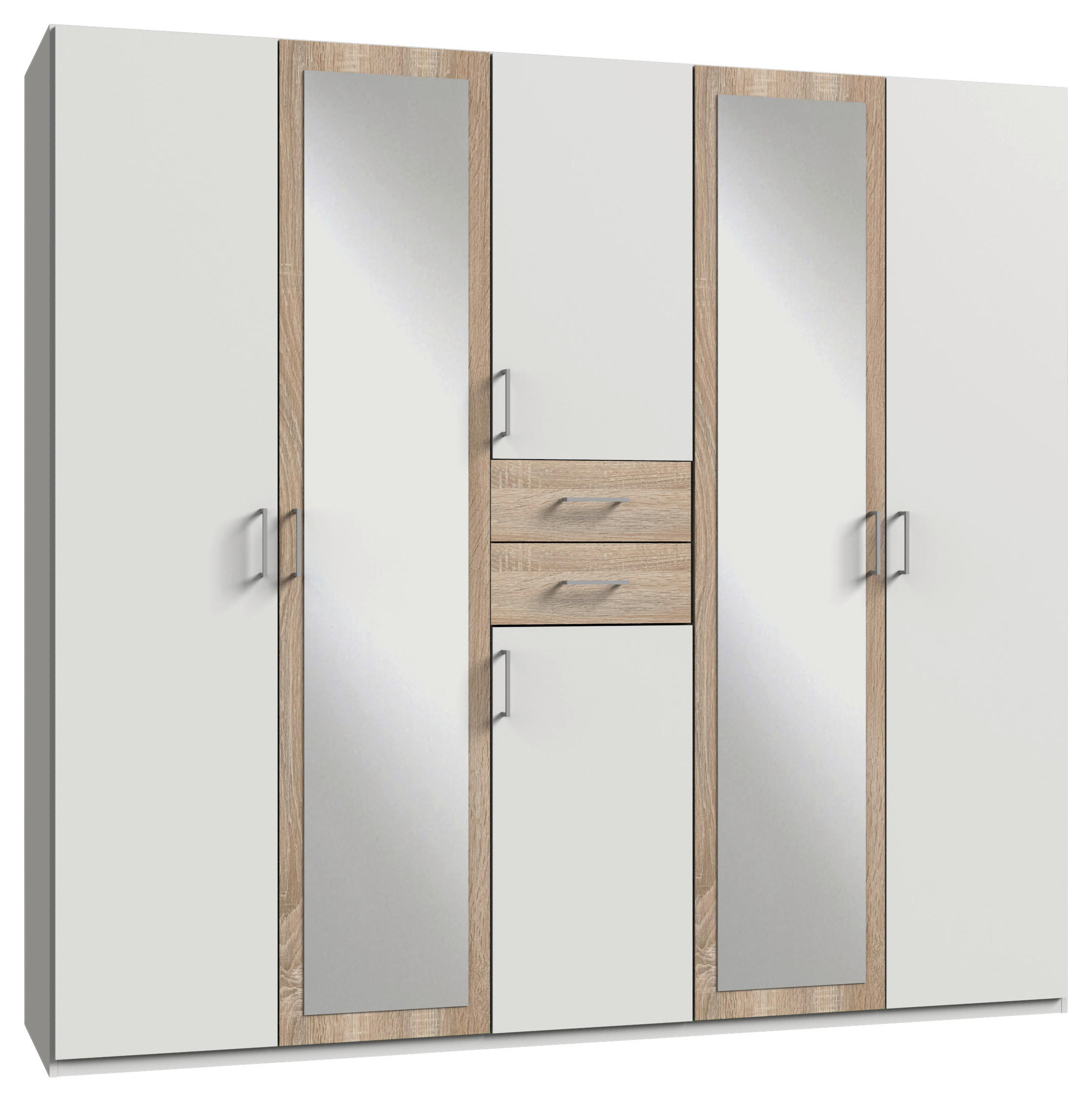 KLEIDERSCHRANK  in Weiß, Eichefarben  - Eichefarben/Alufarben, KONVENTIONELL, Glas/Holzwerkstoff (225/208/58cm) - Carryhome