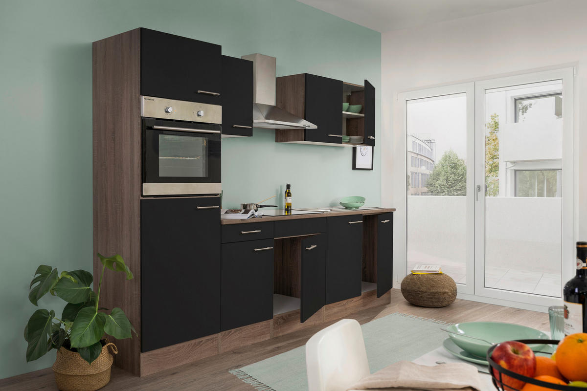 KÜCHENBLOCK 270 cm   in Schwarz, Eichefarben  - Edelstahlfarben/Eichefarben, Design, Holzwerkstoff/Metall (270cm) - Respekta