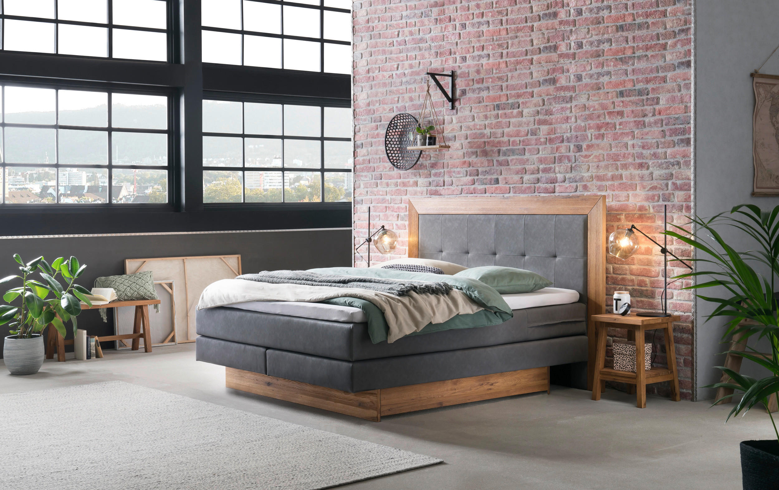 BOXSPRINGBETT 140/200 cm  in Anthrazit, Eichefarben  - Eichefarben/Anthrazit, KONVENTIONELL, Holz/Textil (140/200cm) - Hasena