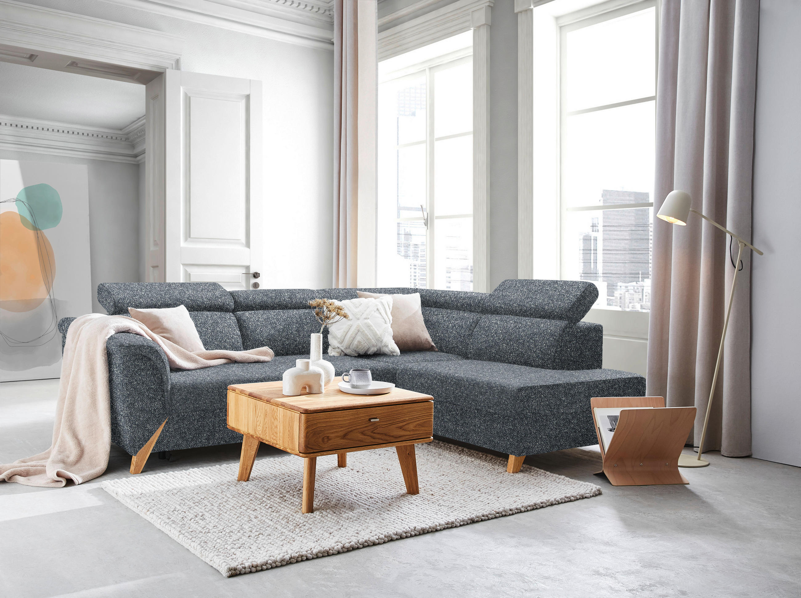 ECKSOFA  in Bouclé Anthrazit  265/200 cm  - Anthrazit/Naturfarben, KONVENTIONELL, Holz/Textil (265/200cm) - Stylife