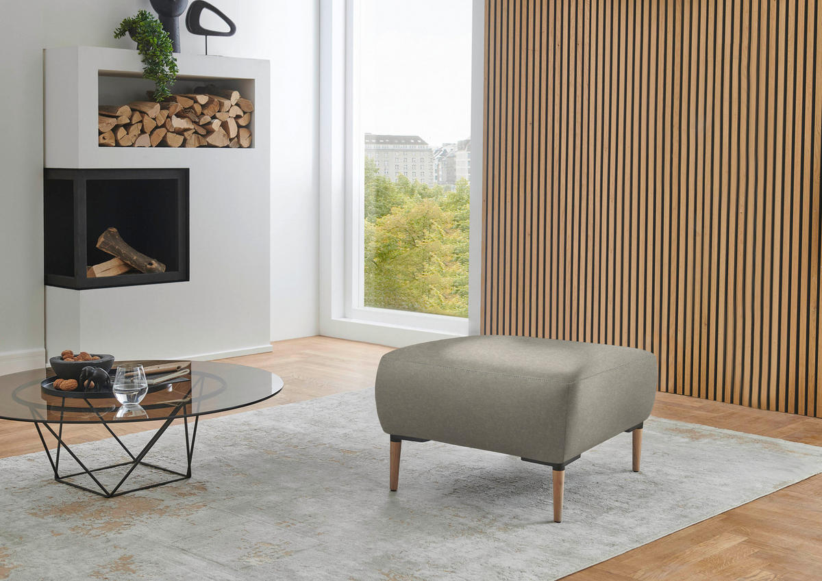 HOCKER in Leder Hellgrau  - Beige/Hellgrau, Natur, Leder/Holz (65/46/55cm) - Valnatura