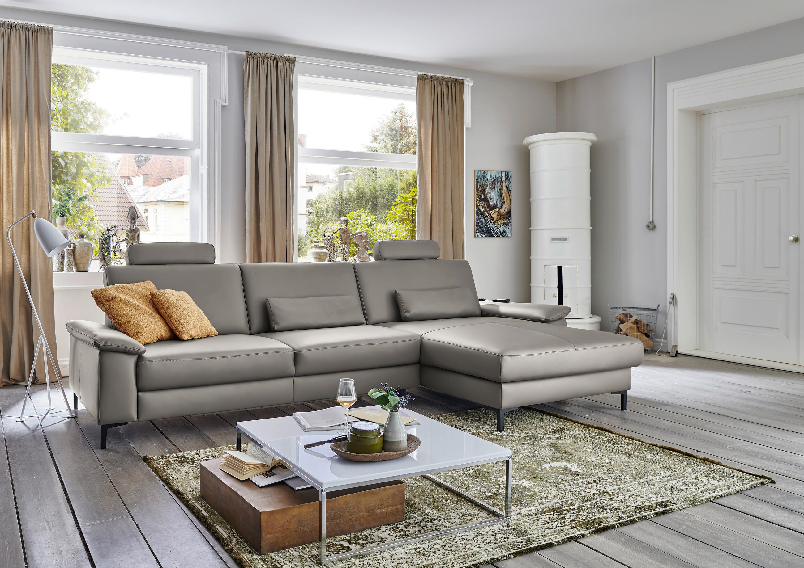 ECKSOFA in Echtleder Hellgrau  334/176 cm  - Hellgrau/Schwarz, Design, Leder/Metall (334/176cm) - Dieter Knoll