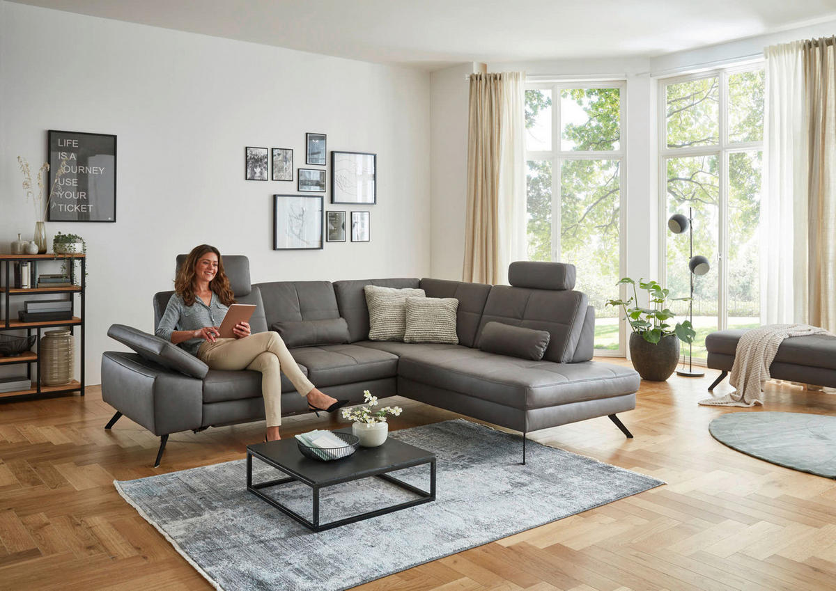ECKSOFA in Lederlook, Mikrofaser Dunkelgrau  - Dunkelgrau/Schwarz, Design, Textil/Metall (261/220cm) - Beldomo System