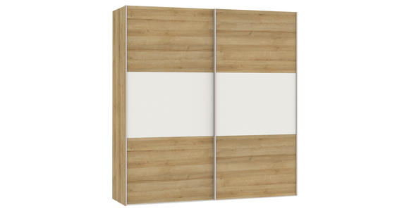 SCHWEBETÜRENSCHRANK in Weiß, Eichefarben - Edelstahlfarben/Eichefarben, Design, Glas/Holzwerkstoff (203/215/65cm) - Carryhome