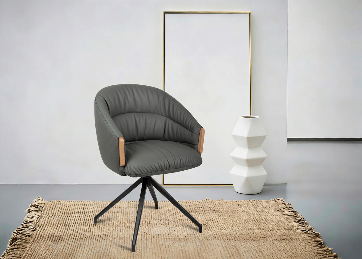 ARMLEHNSTUHL  Sitzfläche 360° drehbar, automatische Rückholfunktion  Echtleder  - Anthrazit/Schwarz, Design, Leder/Holz (61/84/62cm) - Valnatura