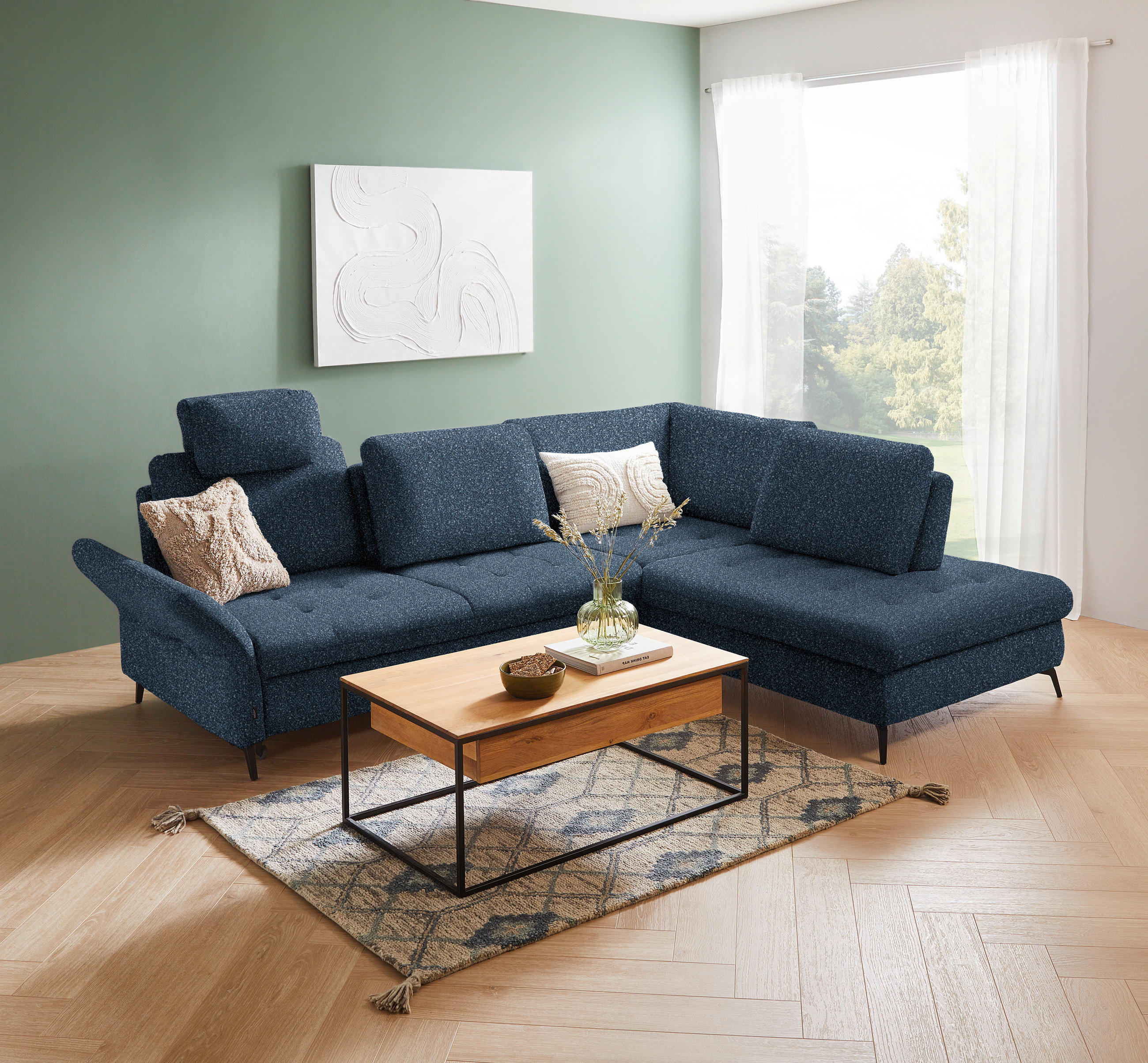 ECKSOFA in Bouclé Blau  - Blau/Schwarz, Natur, Textil/Metall (288/233cm) - Valnatura