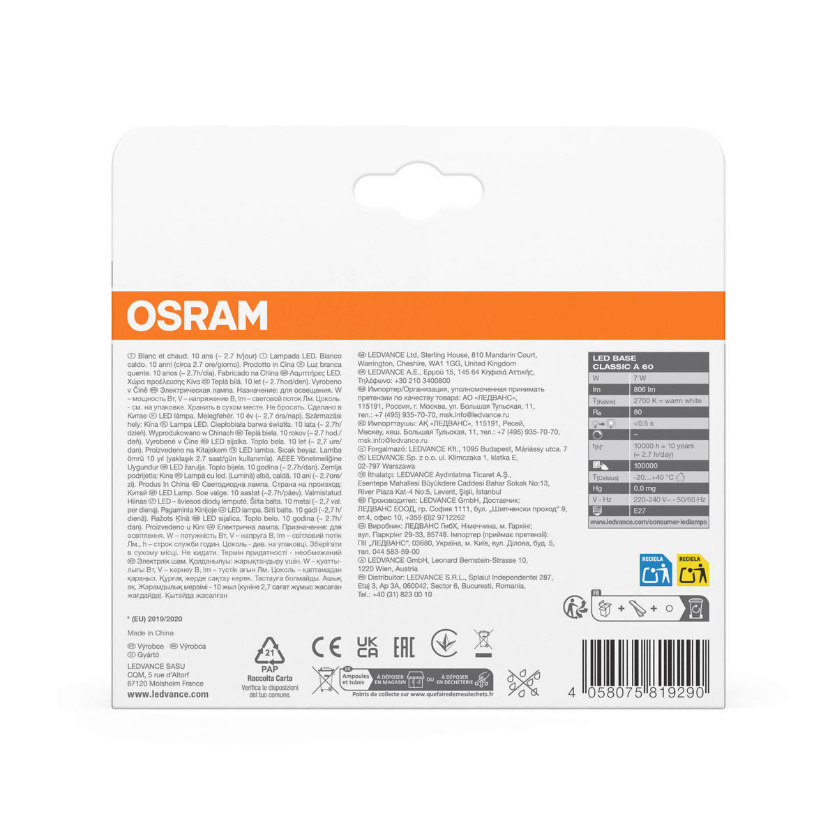 LED-FILAMENT-LEUCHTMITTEL   E27 7 W 806 lm  - Klar, Basics, Glas (6/10,5cm) - Osram