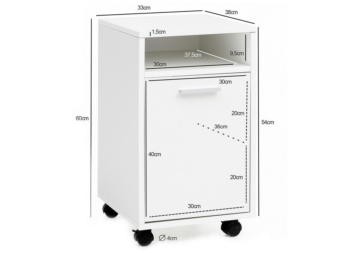 ROLLCONTAINER 33/60/38 cm  - Weiss/Silberfarben, Konventionell, Holzwerkstoff/Kunststoff (33/60/38cm) - MID.YOU