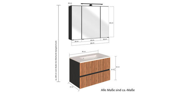 BADEZIMMER  in 80 cm  - Eiche Wotan/Graphitfarben, KONVENTIONELL, Glas/Holzwerkstoff (80cm) - Xora