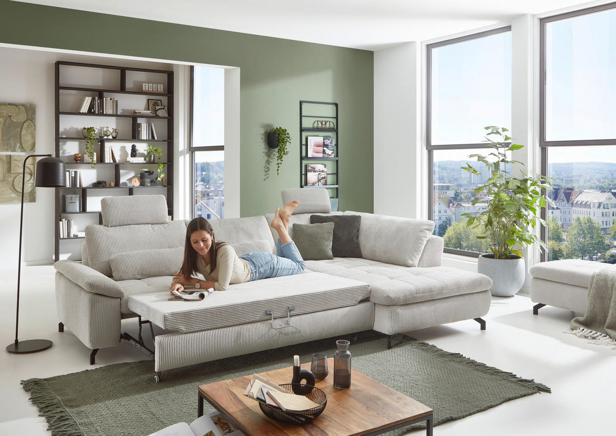 ECKSOFA in Cord, Velours Ecru  - Ecru/Schwarz, Design, Textil/Metall (291/197cm) - Beldomo Style