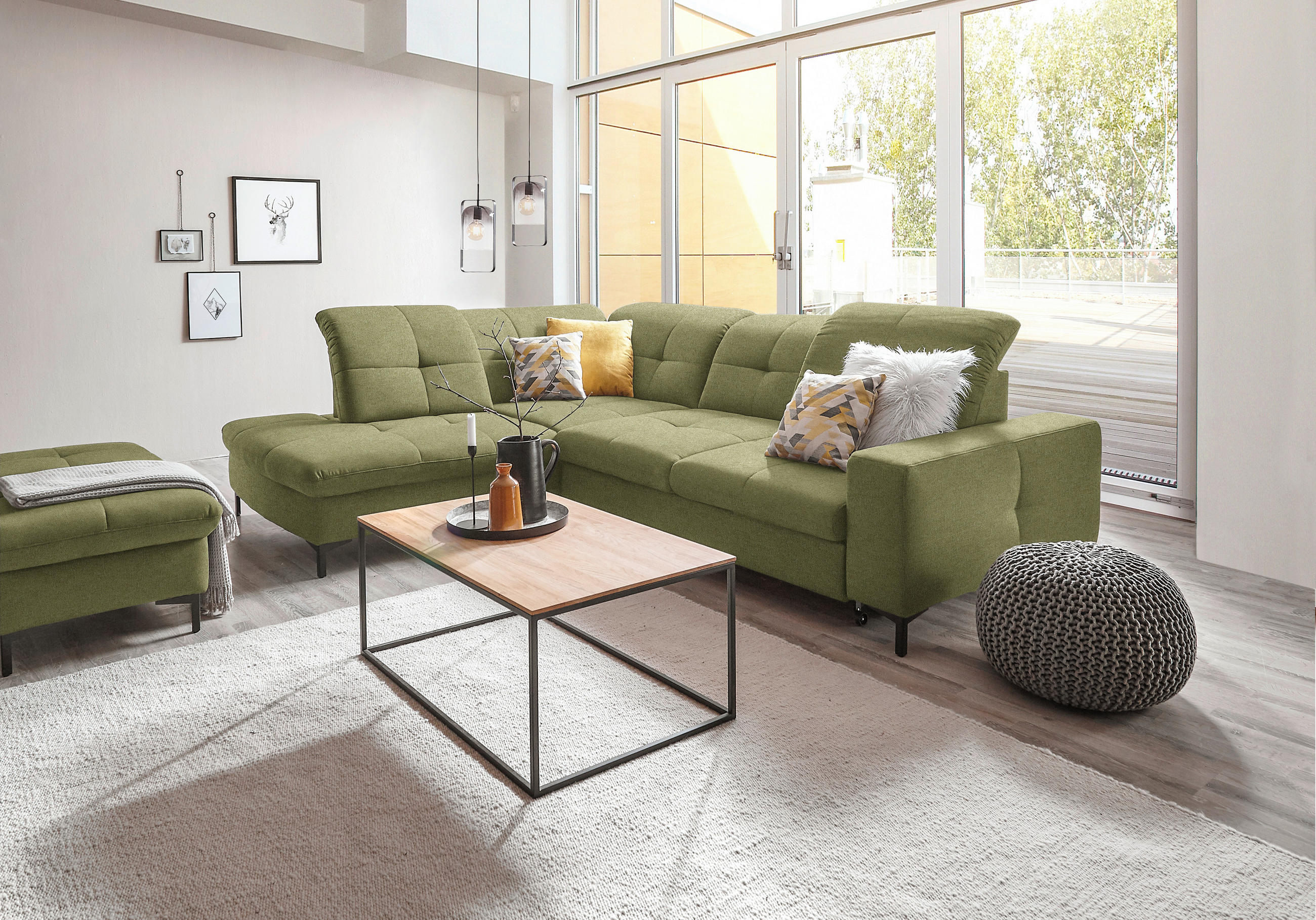 ECKSOFA in Chenille Olivgrün  - Schwarz/Olivgrün, Design, Textil/Metall (240/308cm) - Xora