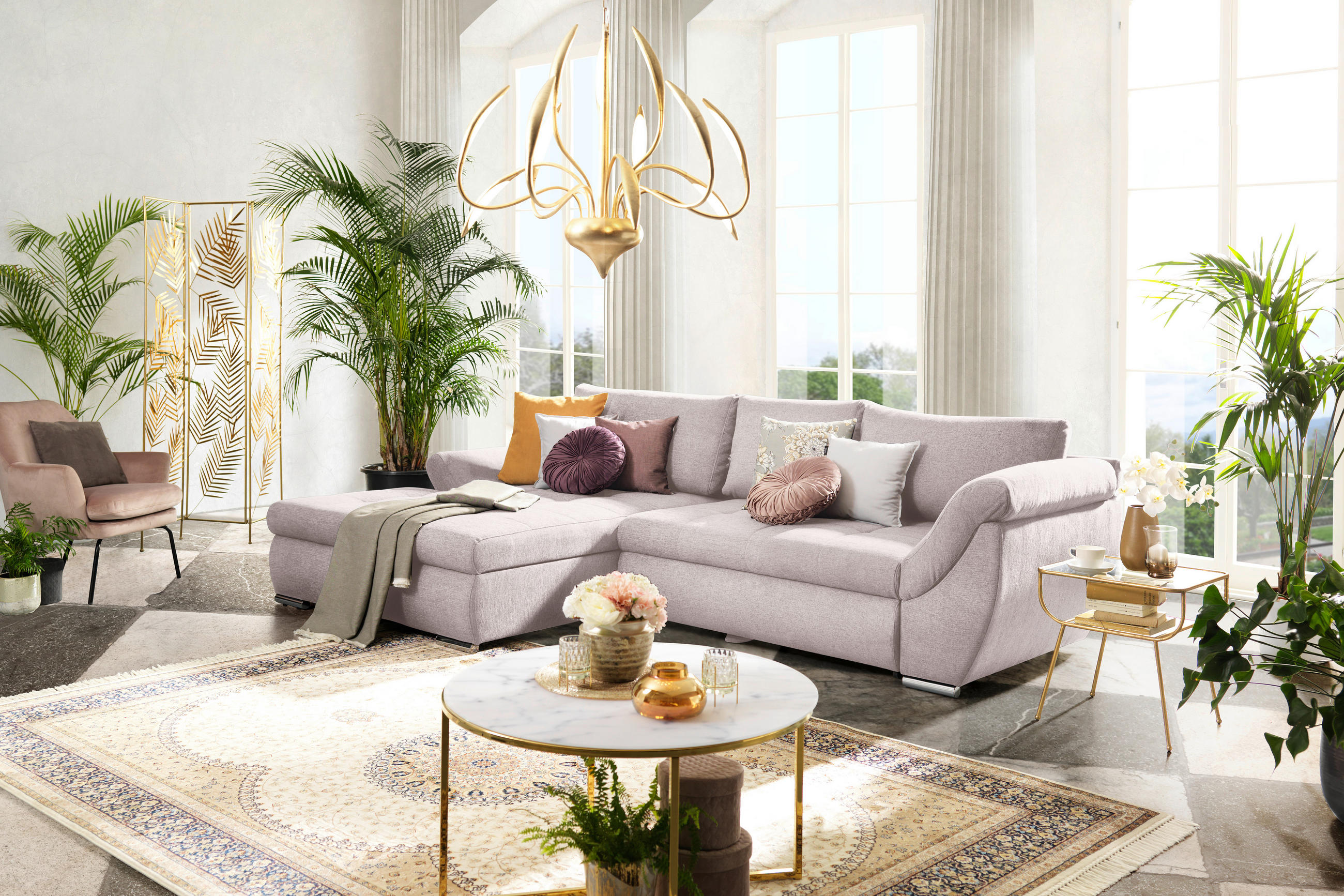 ECKSOFA Rosa Flachgewebe  - Silberfarben/Rosa, Design, Textil/Metall (174/306cm) - Carryhome