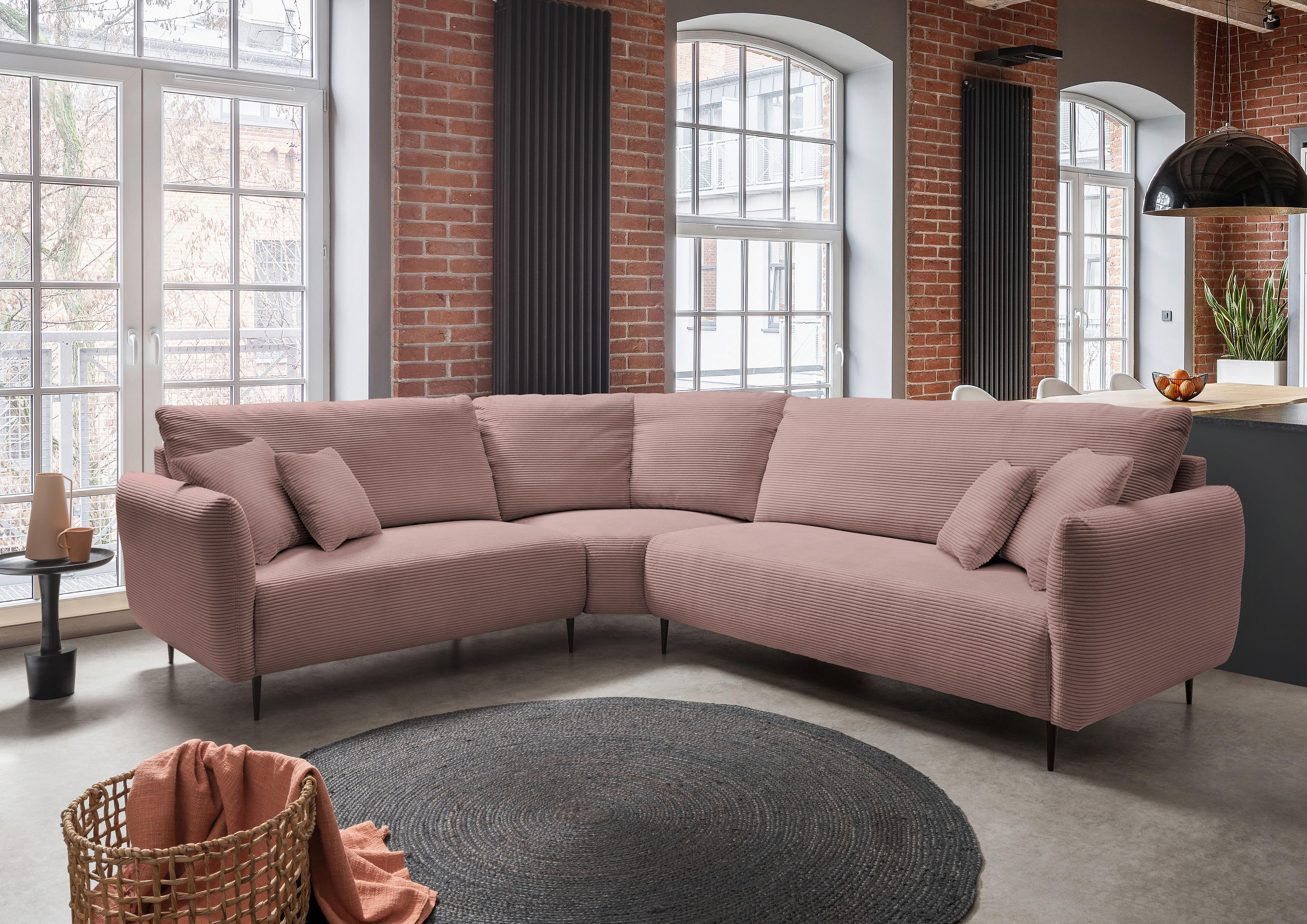 ECKSOFA in Cord Rosa - Schwarz/Rosa, Design, Textil/Metall (256/294cm) - Livetastic