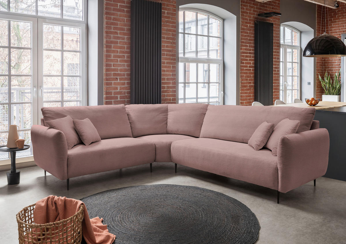 ECKSOFA Rosa Cord  - Schwarz/Rosa, Design, Textil/Metall (256/294cm) - Livetastic