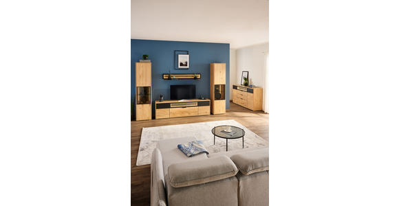 WOHNWAND  in Eiche Bianco, Schwarz  320/197,6/42 cm  - Eiche Bianco/Schwarz, Natur, Glas/Holz (320/197,6/42cm) - Linea Natura