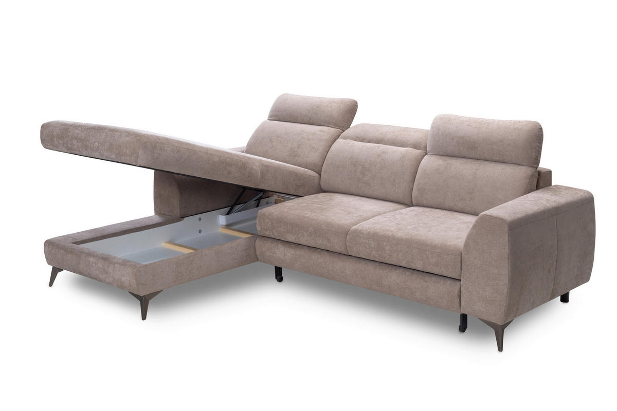 ECKSOFA MUENSTER Beige Chenille Bettkasten, Schlaffunktion, Kopfteilverstellung, Liegefläche im Originalstoff  - Beige/Schwarz, Basics, Textil/Metall (191/264cm) - Livetastic