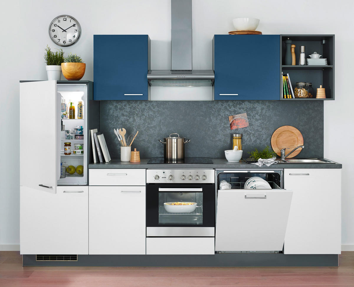 EINBAUKÜCHE   - Weiß/Dunkelblau, KONVENTIONELL, Holzwerkstoff - Welnova