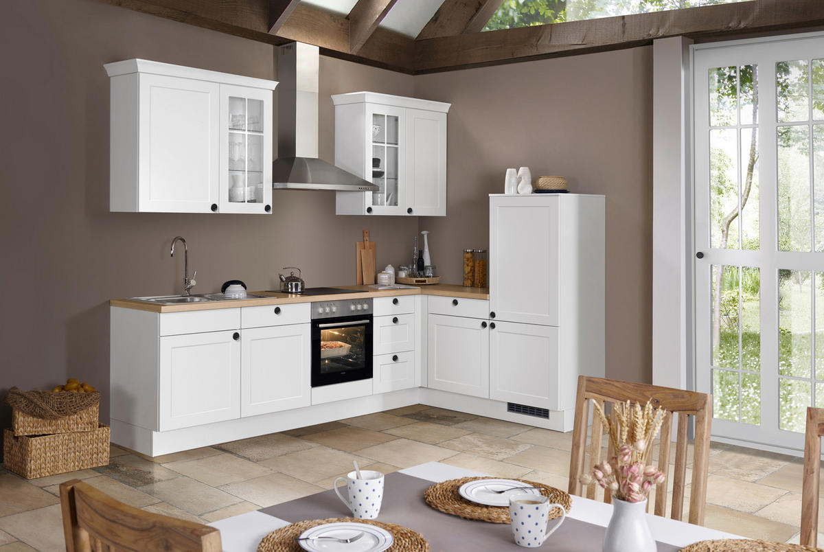 ECKKÜCHE 290/185,4 cm  Weiss  - Weiss/Eichefarben, Basics, Glas/Holzwerkstoff (290/185,4cm) - Impuls