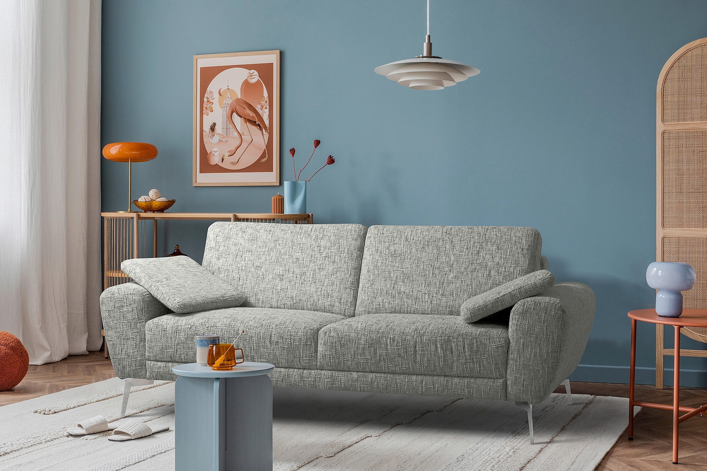 3-SITZER-SOFA SPRING Webstoff Grau  - Chromfarben/Grau, Design, Textil/Metall (187/85/92cm) - Livetastic