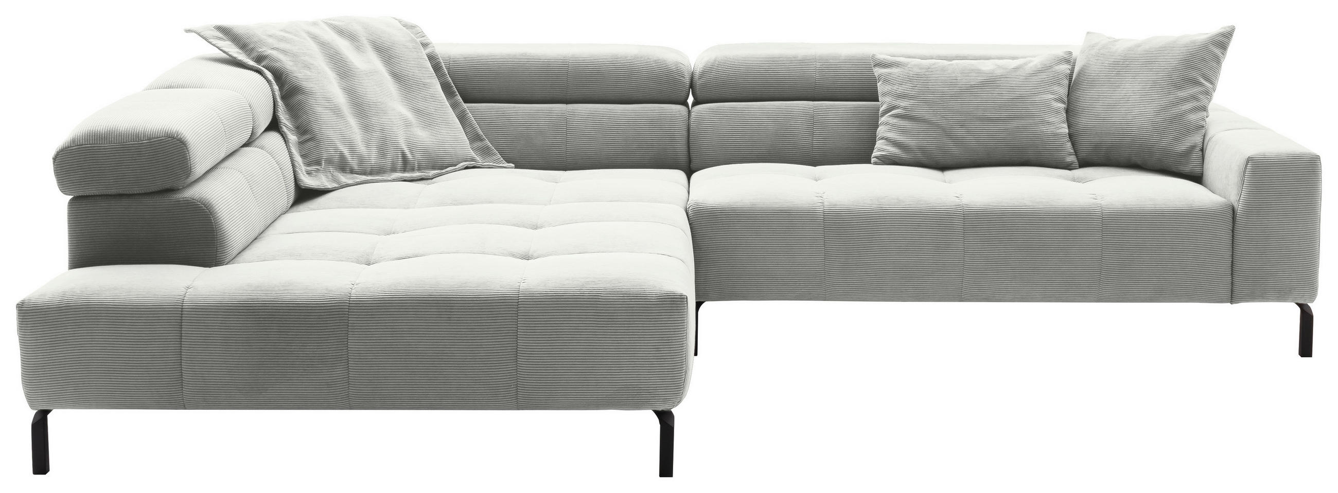 ECKSOFA Hellgrau Cord Rücken echt, Kopfteilverstellung, Sitzvorzug  - Hellgrau/Schwarz, KONVENTIONELL, Textil/Metall (219/311cm) - Hom`in
