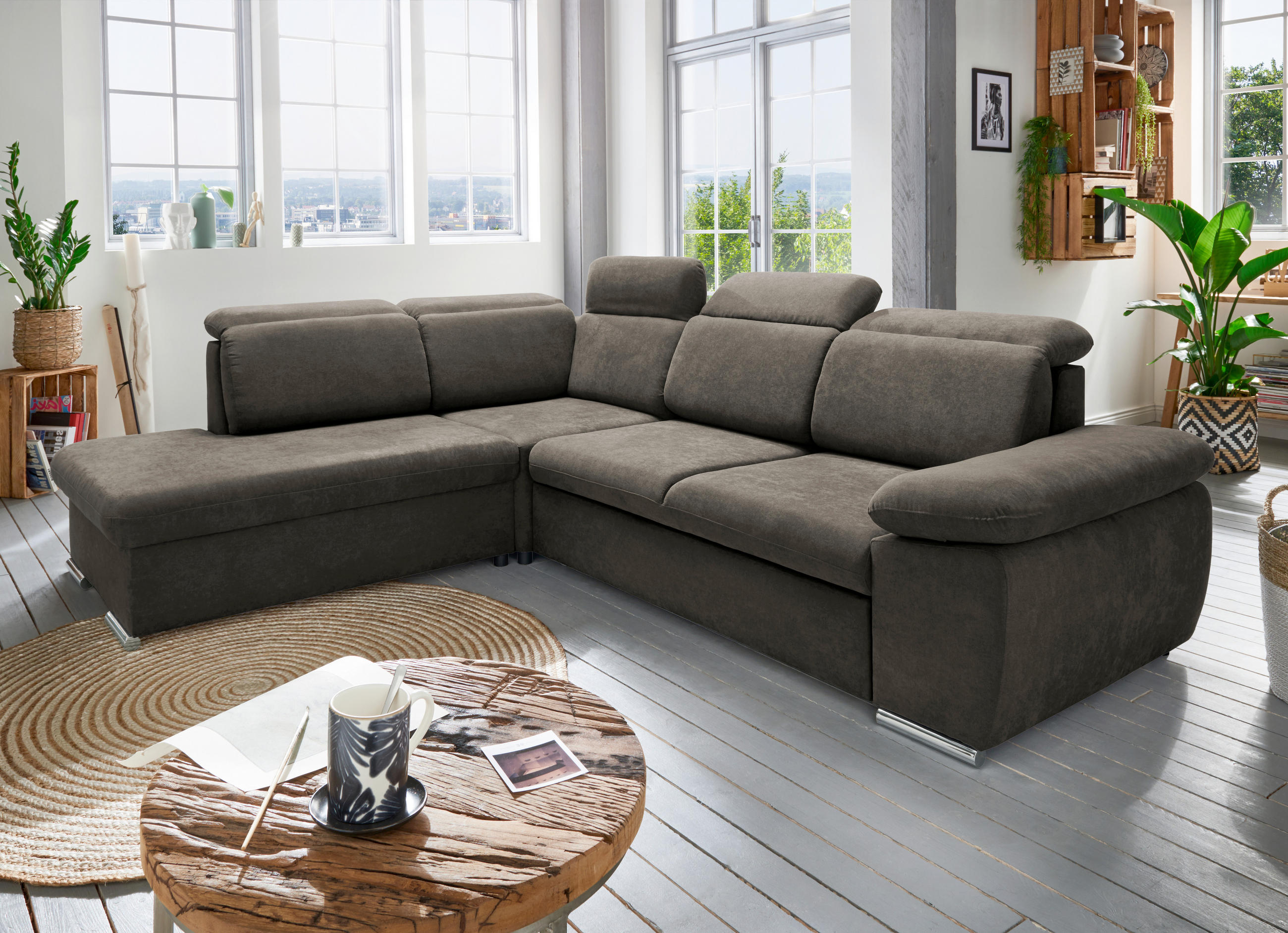 ECKSOFA Mikrofaser Dunkelbraun  - Chromfarben/Dunkelbraun, Design, Textil/Metall (228/283cm) - Livetastic