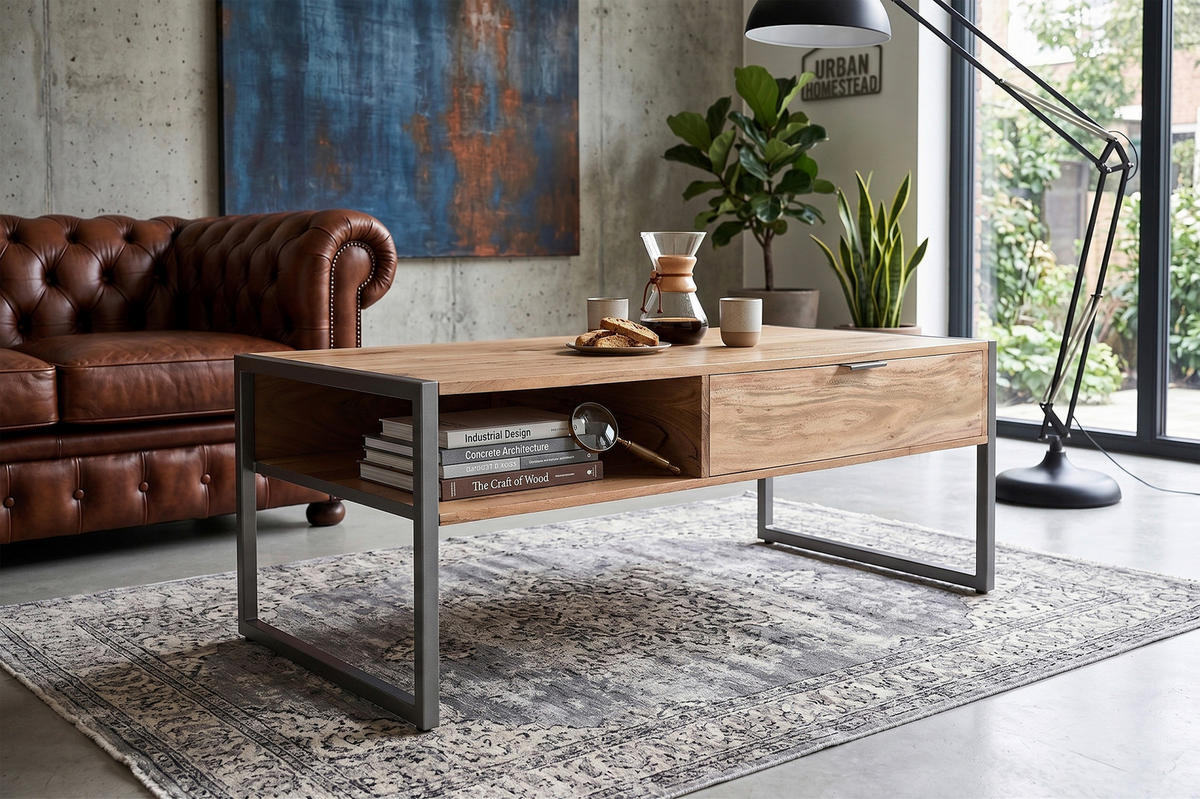 COUCHTISCH Coswig Akazie vollmassiv 120/60/45 cm rechteckig Naturfarben  - Naturfarben/Grau, KONVENTIONELL, Holz/Metall (120/60/45cm) - Livetastic