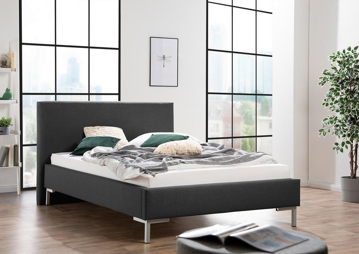 POLSTERBETT 140/200 cm,  in Anthrazit,  - Anthrazit/Silberfarben, MODERN, Textil/Metall (140/200cm) - Livetastic