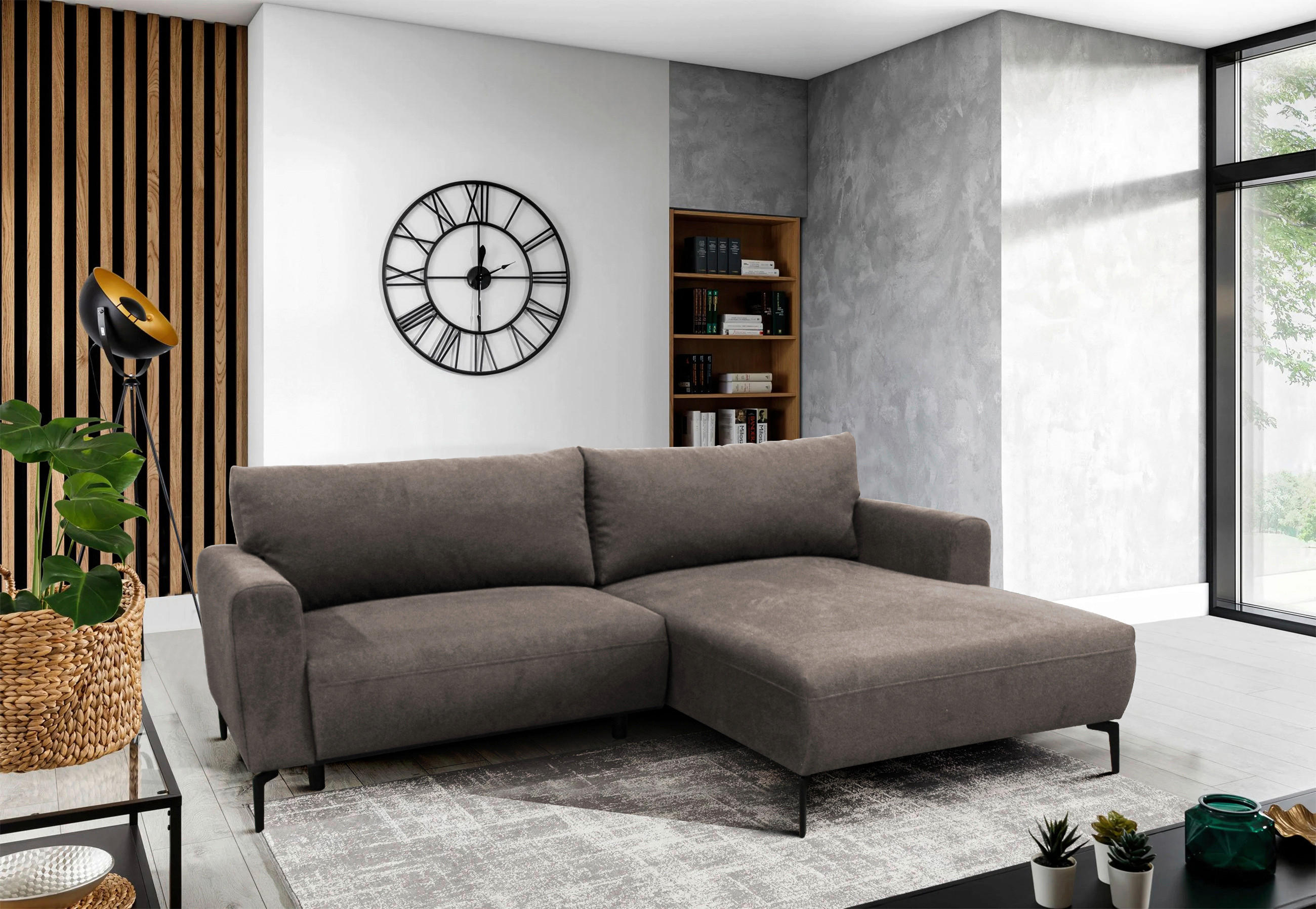 ECKSOFA Hellbraun Flachgewebe  - Hellbraun/Schwarz, Design, Textil/Metall (240/163cm) - MID.YOU