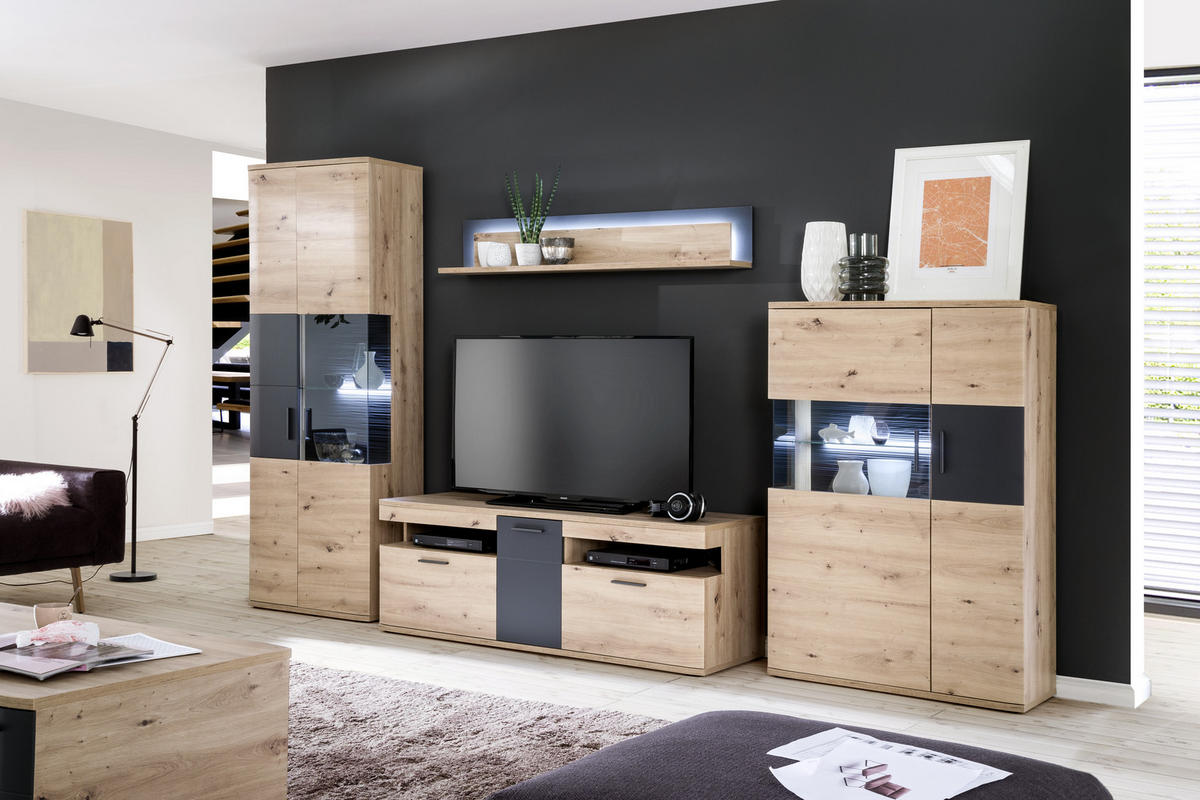 OBÝVACÍ STĚNA, antracitová, čiré, barvy dubu - barvy dubu/černá, Design, kov/kompozitní dřevo (330/198/50cm) - Livetastic